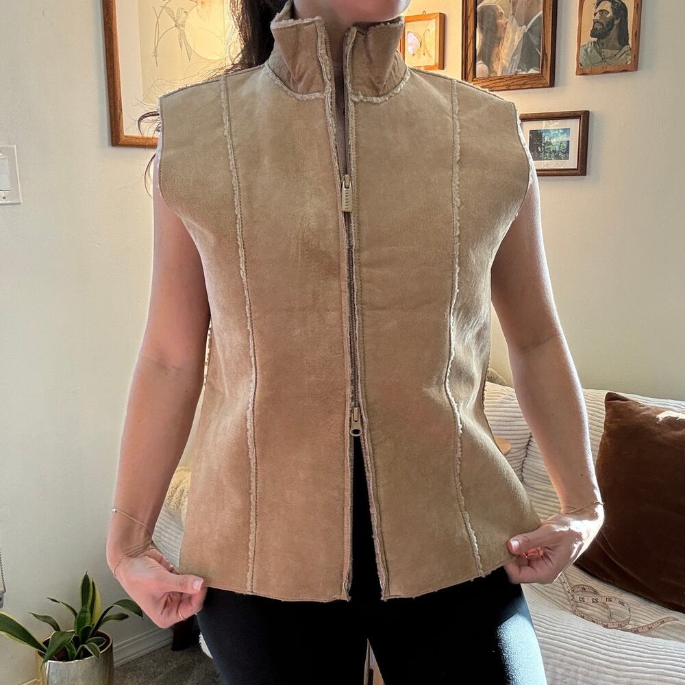 Vintage Express Tan Suede Leather Zip Up Vest Faux Shearling Trim Boho Size M
